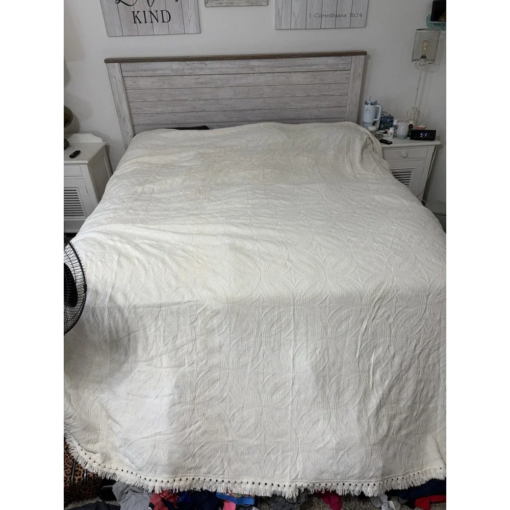 Vtg. KING Bedspread Crown Crafts WOVEN Ivory Cotton 112